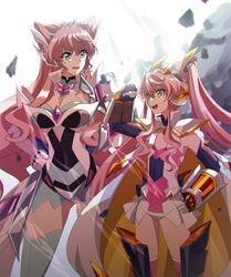  2girls armor blue_eyes blurry blurry_background breasts cape cleavage clothing_cutout covered_navel dual_persona elbow_gloves flat_chest gauntlets gloves hand_on_own_hip hand_up headgear height_difference highres leotard long_hair looking_at_another maria_cadenzavna_eve maria_cadenzavna_eve_(another) medium_breasts multiple_girls open_mouth pauldrons pink_hair rhapsode senki_zesshou_symphogear senki_zesshou_symphogear_xd_unlimited shoulder_armor standing symphogear_pendant thighhighs time_paradox twintails very_long_hair 