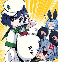  &lt;o&gt;_&lt;o&gt; 3girls \m/ alternate_breast_size anger_vein animal_ears between_breasts black_eyes black_hair blue_hair blush breast_envy breasts bright_pupils cabbie_hat colored_skin commentary cookie_(touhou) empty_eyes face_between_breasts fake_animal_ears flour_(cookie) frown gram_9 green_sailor_collar grey_hair hat head_between_breasts huge_breasts impossible_clothes impossible_shirt kumoi_ichirin looking_at_another looking_at_viewer milk_(cookie) mouse_ears mouse_girl multiple_girls murasa_minamitsu nazrin neckerchief nyon_(cookie) open_mouth parted_bangs red_eyes red_neckerchief sailor_collar sailor_shirt shaded_face shirt short_hair short_sleeves shorts sparkle touhou upper_body white_headwear white_pupils white_shirt white_shorts white_skin yellow_background 