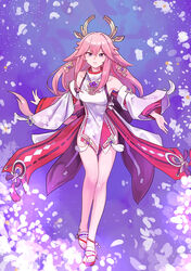  bangs bare_legs bare_shoulders breasts cherry_blossoms clogs dress eyebrows_behind_hair eyebrows_visible_through_hair female genshin_impact hair_between_eyes hair_ornament highres japanese_clothes kimono long_hair looking_at_viewer miko open_mouth petals pink_hair purple_eyes ribbon sleeveless sleeveless_dress smile solo yae_(genshin_impact) yewang19 