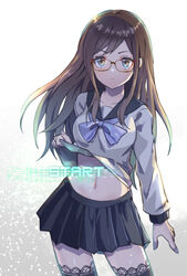  black_skirt black_thighhighs blue_eyes bow bowtie breasts brown_hair clothes_lift commentary_request cowboy_shot female glasses juusan_kihei_bouei_ken lifting_own_clothes long_hair long_sleeves looking_at_viewer medium_breasts midriff miniskirt navel pleated_skirt sailor_collar school_uniform shirt shirt_lift skirt solo standing thighhighs v-shaped_eyebrows white_shirt yakushiji_megumi yoruhachi zettai_ryouiki 