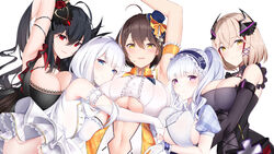  5girls absurdres arm_between_breasts armband armpits arms_up azur_lane baltimore_(azur_lane) baltimore_(muse)_(azur_lane) bare_shoulders between_breasts black_hair blonde_hair blue_eyes breast_press breasts brown_hair cleavage cleavage_cutout clothing_cutout collar dido_(azur_lane) dido_(muse)_(azur_lane) dress elbow_gloves gloves hair_ornament hat headgear highres idol illustrious_(azur_lane) illustrious_(muse)_(azur_lane) large_breasts looking_at_viewer mini_hat multiple_girls navel navel_cutout nervous_smile nevven official_alternate_costume open_mouth purple_eyes red_eyes roon_(azur_lane) roon_(muse)_(azur_lane) simple_background smile taihou_(azur_lane) taihou_(muse)_(azur_lane) thighs underboob white_hair yellow_eyes 