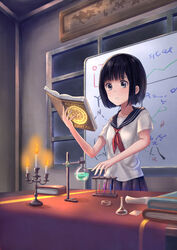  absurdres alchemy bad_id bad_pixiv_id black_eyes black_hair blue_skirt bob_cut book candelabra candle candlestand chemical_structure chemicals commentary erlenmeyer_flask female fire flask flat_chest highres holding holding_book laboratory magic_circle map neckerchief night original paper parted_lips petri_dish pleated_skirt reading red_neckerchief round-bottom_flask school_uniform serafuku shirt short_hair short_sleeves skirt sky solo star_(sky) starry_sky tanbonota46 test_tube test_tube_rack white_shirt whiteboard window 