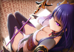  blue_flower braid breasts bridal_gauntlets capelet chinese_commentary cleavage commentary_request english_commentary female flower genshin_impact hair_flower hair_ornament highres holding holding_polearm holding_weapon japanese_clothes kimono kitain_cross_spear_(genshin_impact) large_breasts long_hair looking_at_viewer mitsudomoe_(shape) mixed-language_commentary obi obiage obijime polearm purple_eyes purple_hair raiden_shogun ribbon royboy sash shiny_skin solo spear thighhighs tomoe_(symbol) weapon 