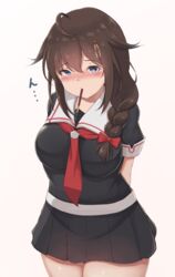  88942731ne ahoge alternate_breast_size black_serafuku black_skirt blue_eyes blush braid breasts brown_hair cowboy_shot female food food_in_mouth hair_between_eyes hair_flaps hair_ornament hair_over_shoulder highres kantai_collection large_breasts long_hair looking_at_viewer necktie pleated_skirt pocky red_necktie school_uniform serafuku shigure_(kancolle) shigure_kai_ni_(kancolle) short_sleeves simple_background single_braid skirt solo white_background 