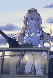  arigatoner blonde_hair breasts browning_m2 cleavage cloud cloudy_sky female garrison_cap girls&#039;_frontline gun hat heavy_machine_gun highres jewelry large_breasts long_hair m2hb_(girls&#039;_frontline) machine_gun military_vehicle necklace outdoors red_eyes shirt sitting sky sleeveless sleeveless_shirt smile solo weapon white_shirt 