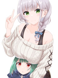  2girls bow bra_strap braid breast_rest breasts breasts_on_head cleavage collarbone commentary_request eyes_visible_through_hair green_eyes green_hair grey_hair hairbow highres hololive large_breasts medium_hair multiple_girls nikahoshikuzu off-shoulder_sweater off_shoulder red_eyes shirogane_noel shirogane_noel_(casual) single_braid smile sweater uruha_rushia uruha_rushia_(1st_costume) v virtual_youtuber 