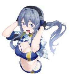  bandeau black_gloves blue_bandeau blue_eyes blue_hair blue_tube_top breasts cleavage crop_top cropped_jacket cropped_torso female gloves gotland_(fuji_speedway_race_queen_mode)_(kancolle) gotland_(kancolle) hair_between_eyes headphones headset highres jacket kantai_collection long_hair medium_breasts mole mole_under_eye navel race_queen shrug_(clothing) simple_background solo stomach strapless tsukira_(amayadori) tube_top upper_body white_background white_jacket 