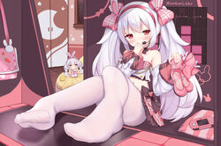  animal_ears azur_lane bag bare_shoulders black_choker blush bow character_doll choker commentary covering_own_mouth crop_top detached_sleeves fake_animal_ears feet female foot_focus foreshortening full_body hairband hairbow handheld_game_console hands_up high_heels highres holding holding_shoes indoors irokari laffey_(azur_lane) laffey_(bunny_idol_@unmotivated)_(azur_lane) long_hair looking_at_viewer manjuu_(azur_lane) microphone midriff miniskirt navel no_shoes official_alternate_costume pantyhose pillow pink_bow pink_footwear pink_hairband pink_skirt plaid plaid_skirt pleated_skirt rabbit_ears red_eyes shoes sidelocks sitting skirt solo strapless twintails twitter_username unworn_shoes very_long_hair white_hair white_pantyhose 