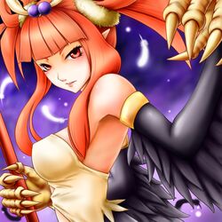  bare_shoulders black_wings blunt_bangs breasts claws duel_monster feathered_wings feathers female harpie_channeler harpy holding holding_staff large_breasts long_hair midriff monster_girl orange_hair pointy_ears red_eyes solo staff usoutsuki winged_arms wings yu-gi-oh! 