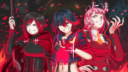  3girls absurdres beef13jerky black_hair blue_eyes buttons cape color_connection commentary_request corset cowboy_shot crescent_rose cropped_shirt crossover darling_in_the_franxx double-breasted fangs fingerless_gloves fingernails gloves grey_eyes grimm_(rwby) grin hand_on_own_hip highres hood hooded_cape horns kill_la_kill long_fingernails long_hair looking_at_viewer matoi_ryuuko multicolored_hair multiple_crossover multiple_girls navel necktie pink_hair red_cape red_gloves red_hair ruby_rose rwby school_uniform senketsu serafuku short_hair short_necktie smile smirk zero_two_(darling_in_the_franxx) 