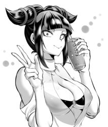  bare_shoulders bikini bikini_top_only blunt_bangs breasts bubble_tea casual cleavage commentary_request cup detached_sleeves disposable_cup drink eyelashes female greyscale halterneck juri_han looking_at_viewer marimo_(yousei_ranbu) medium_breasts monochrome o-ring o-ring_bikini plunging_neckline short_hair smile solo street_fighter street_fighter_iv_(series) swimsuit turtleneck underboob v 