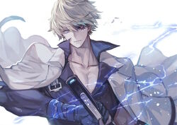  1boy aura black_sclera blonde_hair blue_eyes blue_gloves blue_shirt colored_sclera dragon_install electricity gloves glowing glowing_eye guilty_gear guilty_gear_strive heterochromia high_collar holding holding_sword holding_weapon jacket jacket_on_shoulders ky_kiske lightning male_focus red_eyes senano-yu shirt short_hair solo sword thunderseal upper_body weapon white_background white_jacket 