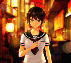  ahoge arm_at_side bad_id bad_pixiv_id blurry breast_pocket breasts brown_eyes brown_hair closed_mouth collarbone commentary_request danganronpa_(series) danganronpa_another_episode:_ultra_despair_girls depth_of_field female frown hajime_(gitoriokawaii) hand_up large_breasts light looking_at_viewer naegi_komaru necktie outdoors pocket red_necktie sad sailor_collar school_uniform serafuku shirt short_hair short_sleeves solo upper_body white_shirt 