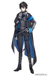  1boy absurdres axia_krone axia_krone_(1st_costume) black_coat black_footwear black_gloves black_nails black_pants black_scarf blue_eyes coat fingerless_gloves full_body gloves hair_between_eyes hand_on_own_hip highres kurono_yuu looking_at_viewer male_focus nijisanji official_art pants pilot_suit scarf science_fiction smile solo tachi-e virtual_youtuber white_background 