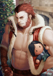  1boy abs alternate_costume bad_id bad_pixiv_id baharu bara bare_pectorals bare_shoulders beard christmas christmas_tree elbow_gloves facial_hair fate/grand_order fate/zero fate_(series) fur-trimmed_jacket fur_trim gloves highres iskandar_(fate) jacket large_pectorals leather leather_pants looking_at_viewer male_focus mature_male muscular muscular_male navel pants pectorals red_eyes red_hair short_hair sleeveless sleeveless_jacket solo stuffed_toy upper_body waver_velvet 