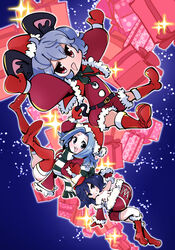  3girls absurdres alternate_costume animal_ears black_eyes black_hair blue_hair boots bow bowtie breasts christmas christmas_present cleavage closed_mouth commentary cookie_(touhou) detached_sleeves dress flat_chest flour_(cookie) full_body fur-trimmed_boots fur-trimmed_headwear fur-trimmed_sleeves fur_trim gift gram_9 green_bow green_bowtie green_scarf grey_hair hat highres huge_breasts kumoi_ichirin long_hair looking_at_viewer milk_(cookie) mittens mouse_ears mouse_girl mouse_tail multiple_girls murasa_minamitsu nazrin nyon_(cookie) open_mouth parted_bangs red_dress red_eyes red_footwear red_headwear red_mittens red_romper red_sleeves romper santa_hat scarf short_hair smile sparkle striped_clothes striped_scarf tail thigh_boots touhou white_scarf 