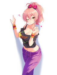  ;) bare_shoulders black_shirt bow breasts cleavage collarbone commentary cowboy_shot crop_top earrings etidekailo eyelashes female groin gyaru hair_between_eyes hairbow hands_up heart heart_earrings idolmaster idolmaster_cinderella_girls jewelry jougasaki_mika kogal large_breasts looking_at_viewer midriff nail_polish navel off-shoulder_shirt off_shoulder one_eye_closed pants photoshop_(medium) pink_bow pink_hair pink_nails ponytail purple_pants shadow shirt short_sleeves sidelocks smile solo standing sweatpants symbol-only_commentary t-shirt wristband yellow_eyes 