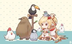  animal_ears animal_on_head baby_penguin bandeau bird bird_on_head blonde_hair botamochi_(exwelder) brown_thighhighs chicken commentary detached_sleeves emperor_penguin feather_hair_ornament feathers female granblue_fantasy hair_ornament harvin king_penguin long_hair mahira_(granblue_fantasy) on_head penguin pigeon red_eyes signature sitting solo symbol-only_commentary thighhighs toucan wariza 