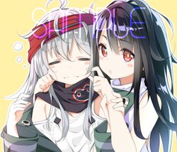  2girls ahoge black_hair blush c-ms_(girls&#039;_frontline) cheek_pinching closed_eyes english_text g11_(girls&#039;_frontline) girls&#039;_frontline grey_hair headband lethe-shion long_hair looking_at_viewer multiple_girls pinching red_eyes sleepy sleeveless 