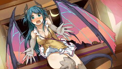  artist_request blue_eyes blue_hair blush breasts chione_(monster_musume) cleavage cracked_skin female game_cg gargoyle horns indoors long_hair looking_at_viewer loose_necktie medium_breasts monster_girl monster_musume_no_iru_nichijou monster_musume_no_iru_nichijou_online moon necktie no_panties official_art open_mouth outstretched_arms pleated_skirt shirt skirt sleeveless sleeveless_shirt solo sweatdrop tail thighhighs white_skirt window wings yellow_shirt zettai_ryouiki 