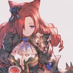  black_dress blue_flower ceres_(shingeki_no_bahamut) commentary cup dress drill_hair feline female flower frilled_dress frills grey_background hair_flower hair_ornament hair_over_one_eye hair_ribbon highres holding holding_cup long_hair n.a. purple_eyes red_hair ribbon shingeki_no_bahamut simple_background smile solo symbol-only_commentary 