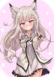  absurdres animal_ear_fluff animal_ears animare arms_behind_back braid breasts dress female frilled_dress frills grey_hair highres long_hair nanashi_inc. neckerchief purple_eyes shiromiya_mimi shishishi sleeveless sleeveless_dress virtual_youtuber 