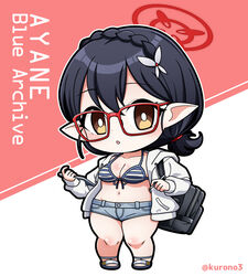  ayane_(blue_archive) ayane_(swimsuit)_(blue_archive) backpack bag bikini bikini_top_only black_bag black_hair blue_archive braid breasts character_name chibi cleavage collarbone commentary_request copyright_name crown_braid denim denim_shorts female flower full_body glasses groin hair_between_eyes hair_flower hair_ornament halo holding holding_tablet_pc hood hood_down hooded_jacket jacket kurono large_breasts long_sleeves looking_at_viewer low_ponytail midriff navel official_alternate_costume open_clothes open_shirt parted_lips pointy_ears red-framed_eyewear sandals short_hair short_ponytail short_shorts shorts sidelocks solo standing striped_bikini striped_clothes swimsuit tablet_pc twitter_username white_jacket yellow_eyes 