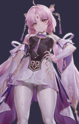  absurdres ass_visible_through_thighs breasts chinese_commentary clothing_cutout commentary commentary_request covered_navel detached_sleeves female forehead_jewel from_below fu_xuan_(honkai:_star_rail) hair_ornament hand_on_own_hip highres honkai:_star_rail honkai_(series) lin_jingling long_hair looking_at_viewer low_twintails md5_mismatch pantyhose partial_commentary pink_eyes pink_hair purple_background simple_background small_breasts tassel thighs twintails upskirt very_long_hair white_pantyhose 