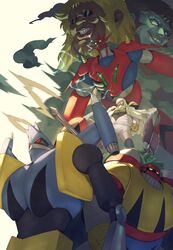  3boys black_hair blonde_hair blue_skin colored_skin commentary_request cowen_(shin_getter_robo) dark-skinned_male dark_skin fat fat_man getter_dragon getter_liger getter_poseidon getter_robo hair_behind_ear highres looking_ahead looking_up male_focus mecha multiple_boys pilot_suit professor_saotome red_eyes robot science_fiction shin_getter_robo smile stinger_(shin_getter_robo) sunglasses super_robot vldhomecenter white_hair yellow_eyes 