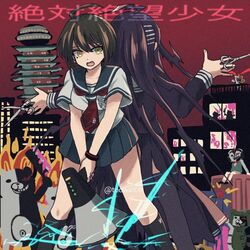  108_(toowa) 2girls ahoge back-to-back black_hair black_legwear black_skirt blood blood_on_weapon bomber_monokuma breasts brown_hair chains city commentary_request danganronpa_(series) danganronpa_another_episode:_ultra_despair_girls fire fukawa_toko genocider_shou hair_ornament holding holding_megaphone large_breasts long_hair looking_at_another looking_at_viewer megaphone mole mole_under_eye monokuma multiple_girls naegi_komaru necktie open_mouth pink_blood pleated_skirt red_background red_necktie school_uniform scissors serafuku shirt short_hair short_sleeves siren_monokuma sitting skirt sos thighhighs torn_clothes torn_skirt translation_request weapon white_shirt 