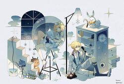  1boy antique_phone artist_name bad_id bad_pixiv_id black_legwear blonde_hair blue_dress blue_eyes book bow bowtie bug butterfly chair character_doll cloud commentary corded_phone crown dated drawing_(object) dress earrings female fish flower frills gloves grey_background hair_ornament hairband hatsune_miku holding holding_book holding_phone jacket jar jewelry kagamine_len kagamine_rin lamp legwear_garter lococo:p long_sleeves neck_ruff on_ground pencil phone pinstripe_legwear pinstripe_pattern ponytail rabbit rabbit_yukine rose rotary_phone sandals shelf shoes short_hair short_ponytail shorts sitting snowflakes socks sparkle striped_clothes striped_dress stuffed_animal stuffed_toy suit_jacket test_tube test_tube_rack vase vocaloid white_bow white_bowtie white_dress white_footwear white_gloves white_hairband white_jacket white_shorts window yarn yarn_ball yuki_len yuki_miku yuki_miku_(2019) yuki_rin 