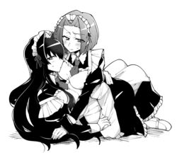  2girls apron blush breasts code_geass code_geass:_lost_stories commentary_request gloves greyscale hair_intakes higaragi kouzuki_kallen long_hair looking_at_viewer maid maid_apron maid_headdress maya_disel medium_breasts monochrome multiple_girls parted_bangs short_hair sweatdrop v-shaped_eyebrows white_background yukadon 