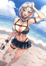  :d abs arm_belt arm_up armpits bare_shoulders barefoot beach bikini bikini_skirt blue_bikini blue_collar blue_skirt blue_sky blush braid breasts chest_belt cleavage cloud collar collarbone commentary contrapposto day female footprints french_braid front-tie_bikini_top front-tie_top goggles green_eyes grey_hair groin hair_between_eyes hair_pulled_back highleg highleg_bikini highres holding holding_goggles hololive large_breasts legs lens_flare looking_at_viewer mibry_(phrysm) mole mole_on_breast navel ocean open_mouth outdoors pleated_skirt shadow shirogane_noel shirogane_noel_(summer_2020) short_hair sidelocks skindentation skirt sky smile solo standing stomach swimsuit teeth thigh_strap thighs two-tone_bikini underboob upper_teeth_only virtual_youtuber wavy_hair wet white_bikini wrist_cuffs 