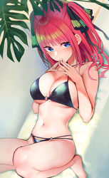  barefoot bikini black_bikini black_ribbon blue_eyes blunt_bangs blush breasts butterfly_hair_ornament closed_mouth commentary_request female go-toubun_no_hanayome hair_ornament hair_ribbon highres large_breasts long_hair looking_at_viewer mirei nakano_nino navel o-ring o-ring_bikini o-ring_bottom o-ring_top red_hair ribbon solo swimsuit two_side_up 