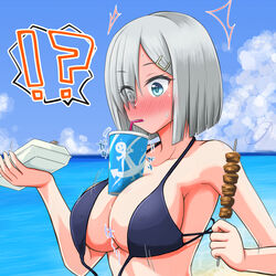  !? bikini blue_bikini blue_eyes blue_sky breasts bubble_tea_challenge cloud commentary_request cup day disposable_cup drinking_straw drinking_straw_in_mouth female food front-tie_bikini_top front-tie_top grey_hair hair_ornament hair_over_one_eye hairclip hamakaze_(kancolle) highres holding holding_food holding_skewer kantai_collection large_breasts object_on_breast outdoors partial_commentary skewer sky solo sosser speech_bubble swimsuit upper_body wardrobe_malfunction 