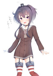  alternate_costume alternate_legwear amatsukaze_(kancolle) amatsukaze_(kancolle)_(cosplay) ascot black_hair brown_dress commentary_request cosplay cowboy_shot dress female garter_straps grey_ascot hat highres kantai_collection lifebuoy lifebuoy_ornament looking_at_viewer mini_hat nakatsurugi_(kasegawa_makase) open_mouth purple_eyes red_legwear sailor_dress short_dress short_hair short_hair_with_long_locks sidelocks simple_background smile smokestack_hair_ornament solo striped_clothes striped_thighhighs swim_ring thighhighs tokitsukaze_(kancolle) translation_request white_background 