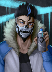  1boy artist_name black_hair blue_eyes blue_hair bruno_bangnyfe burn_the_witch coat fur_trim highres looking_at_viewer male_focus mask multicolored_hair smetism solo spiked_hair spray_can spray_paint two-tone_hair upper_body 