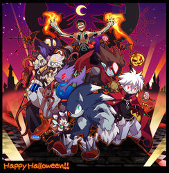  6+boys armor bat_(animal) black_border black_frost black_shirt bokura_no_taiyou border brown_hair candy chains character_request checkered_floor chip_(sonic) closed_mouth commentary_request copyright_request crescent_moon crossover demi-fiend disgaea django_(boktai) dragon_chronicle emon-yu fangs fire food full_body furry furry_male gauntlets genetic_(ragnarok_online) glasses green_eyes grin hair_between_eyes halloween happy_halloween hat jack-o&#039;-lantern jack_frost_(megami_tensei) living_clothes lollipop looking_afar looking_at_viewer looking_to_the_side magic makai_senki_disgaea male_focus mask mask_on_head medium_hair moon multiple_boys multiple_crossover open_mouth otenko pauldrons pumpkin purple_headwear ragnarok_online red_eyes red_footwear sharp_teeth shin_megami_tensei shin_megami_tensei_iii:_nocturne shirt short_hair shorts shoulder_armor sky smile sonic_(series) sonic_the_hedgehog sonic_the_werehog sonic_unleashed star_(sky) starry_sky teeth topless_male vampire_django_(boktai) vial white_hair white_shorts witch_hat wrapped_candy 