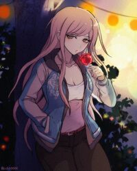  bad_id bad_pixiv_id belt blue_jacket breasts brown_pants candy_apple collarbone commentary_request danganronpa_(series) danganronpa_another_episode:_ultra_despair_girls female food hagakure_hiroko hajime_(gitoriokawaii) hand_in_pocket hand_up holding jacket jewelry long_hair looking_at_viewer multicolored_clothes multicolored_jacket necklace night open_clothes outdoors pants shirt solo tree 