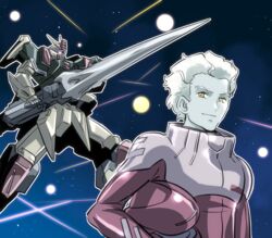  1boy buster_gundam commentary_request dearka_elsman explosion gundam gundam_00_a_wakening_of_the_trailblazer gundam_seed helmet highres ishiyumi mecha pale_skin pilot_suit pun robot space unworn_headwear unworn_helmet yellow_eyes 