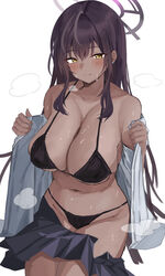  bikini black_bikini blue_archive blush breasts brown_eyes cleavage closed_mouth collarbone dark-skinned_female dark_skin female hair_down halo highres karin_(blue_archive) large_breasts long_hair looking_at_viewer loose_skirt navel school_uniform sideboob sidelocks smile solo stomach swimsuit tsumayouji_(tumayog) 