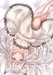  absurdres animal_ear_fluff animal_ears animare barefoot braid dress female frilled_dress frills grey_hair highres long_hair lying nanashi_inc. on_back purple_eyes shiromiya_mimi shishishi sleeveless sleeveless_dress smile virtual_youtuber white_hair 