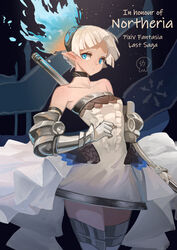  armor bare_shoulders black_choker blonde_hair blue_eyes blue_fire braid breasts choker closed_mouth collarbone commentary_request copyright_name dress elbow_gloves english_text female fiery_hair fire flag frills gloves highres holding holding_polearm holding_weapon looking_to_the_side pixiv_fantasia pixiv_fantasia_last_saga pointy_ears polearm short_dress short_hair signature small_breasts solo strapless strapless_dress uusquid vambraces weapon white_dress white_gloves 