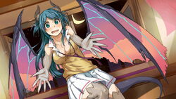  artist_request blue_eyes blue_hair blush breasts chione_(monster_musume) cleavage cracked_skin female game_cg gargoyle horns indoors long_hair looking_at_viewer loose_necktie medium_breasts monster_girl monster_musume_no_iru_nichijou monster_musume_no_iru_nichijou_online moon necktie official_art open_mouth outstretched_arms pleated_skirt shirt skirt sleeveless sleeveless_shirt solo tail thighhighs white_skirt window wings yellow_shirt zettai_ryouiki 