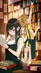  2girls apron arm_up black-framed_eyewear black_hair blush book book_stack bookshelf brown_eyes brown_hair closed_mouth commentary_request glasses green_apron highres holding indoors long_hair mechanical_pencil mole mole_under_eye multiple_girls official_art open_mouth pencil pleated_skirt profile reaching ribbed_shirt saitou_shuka semi-rimless_eyewear shirt short_sleeves shuka_land sitting skirt sleeveless sleeveless_shirt smile standing thighhighs under-rim_eyewear very_long_hair voice_actor white_legwear white_shirt white_skirt yellow_shirt yuu_(higashi_no_penguin) 