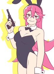  animal_ears bare_shoulders black_bow black_bowtie black_leotard bow bowtie breasts cleavage clip_studio_paint_(medium) covered_navel detached_collar fake_animal_ears fake_tail female gun hair_between_eyes handgun highres holding holding_gun holding_weapon leotard long_bangs long_hair looking_at_viewer medium_breasts original pink_eyes pink_hair playboy_bunny rabbit_ears rabbit_tail rida_(vibrantrida) shadow sidelocks smile solo strapless strapless_leotard tail vibrantrida walther walther_p38 weapon white_background wrist_cuffs yellow_background 