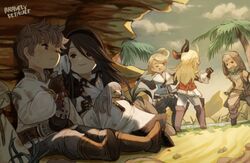  3boys 3girls agnes_oblige airy_(bravely_default) boots bravely_default:_flying_fairy bravely_default_(series) desert edea_lee fairy fairy_wings irono16 jackal_(bravely_default) mini_person minigirl multiple_boys multiple_girls outdoors palm_tree ringabel shade sitting sweatdrop tiz_arrior tree water wings wiping_face 