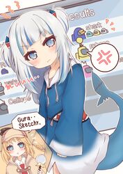  2girls :o :t among_us anger_vein black_(among_us) blonde_hair blue_(among_us) blue_eyes blue_hair blue_hoodie blush brown_capelet brown_headwear capelet closed_mouth collared_shirt commentary drawstring dum_sticky_note english_text fins fish_tail gawr_gura gawr_gura_(1st_costume) hair_ornament hat highres holding hololive hololive_english hood hood_down hoodie looking_at_viewer magnifying_glass multicolored_hair multiple_girls necktie parted_lips pink_(among_us) pout red_necktie ridy_(ri_sui) shark_tail shirt spoken_anger_vein streaked_hair tail tail_raised two_side_up v-shaped_eyebrows virtual_youtuber watson_amelia watson_amelia_(1st_costume) white_(among_us) white_shirt yellow_(among_us) 