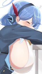  ^_^ ako_(blue_archive) bell blue_archive blue_hair breasts closed_eyes commentary_request female from_side hair_between_eyes hairband halo head_rest highres large_breasts long_hair long_sleeves murota_(mrt0818) neck_bell sideboob sidelocks simple_background sleepy solo squeans white_background 