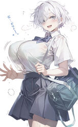  :d bag blue_bow blue_bowtie bouncing_breasts bow bowtie breasts commentary_request female grey_eyes kurono_mitsuki large_breasts long_hair looking_at_viewer open_mouth original plaid plaid_skirt school_bag school_uniform shirt short_hair short_sleeves skirt smile solo thighs tomboy_childhood_friend_(kurono_mitsuki) white_hair white_shirt 